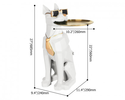 HMR Dog Sculpture Resin Side Table with Tray Top & Tissue Box - White