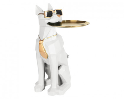 HMR Dog Sculpture Resin Side Table with Tray Top & Tissue Box - White