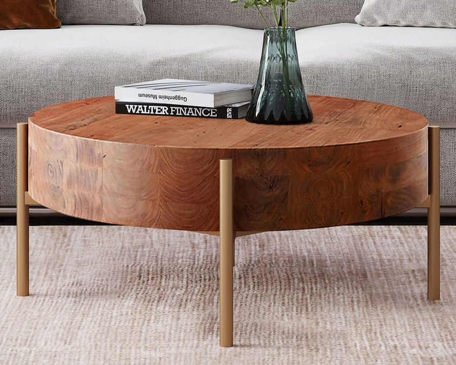 HMR - Retro Round Coffee Table with Metal Legs in Wood