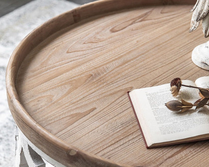 HMR - Porchway Wooden Carved Round Coffee Table with Tray Tabletop in White