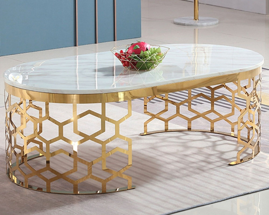 HMR - Oval Coffee Table Marble Top with Stainless Steel Frame in Gold