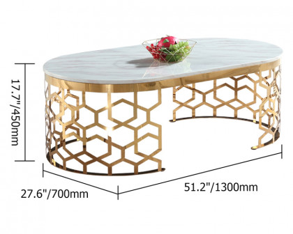 HMR - Oval Coffee Table Marble Top with Stainless Steel Frame in Gold