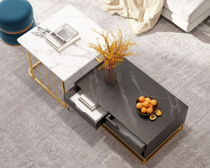 HMR Modern Nesting Coffee Table with Drawers & Shelves (Set of 2) - Black/White