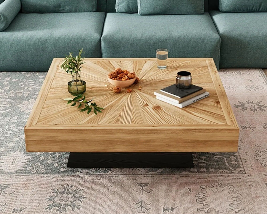 HMR - Square Coffee Table with Wooden Top in Black and Natural