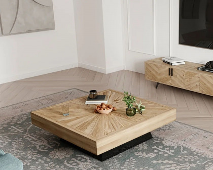 HMR - Square Coffee Table with Wooden Top in Black and Natural