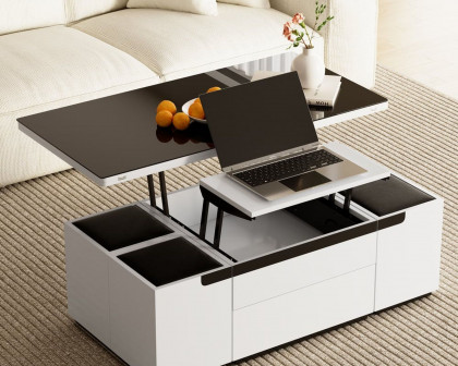 HMR Modern Lift Top Coffee Table with Drawers & Storage - Tempered Glass