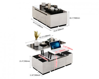 HMR Modern Lift Top Coffee Table with Drawers & Storage - Tempered Glass