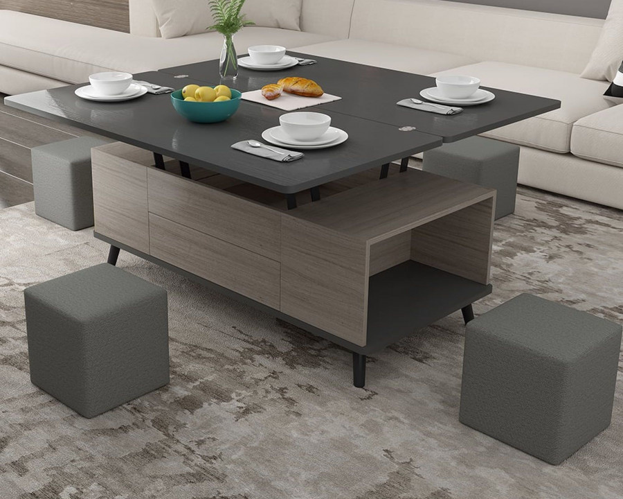 HMR - 5 Pieces Lift Top Coffee Table Set with Storage and Ottomans in Black