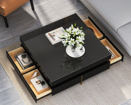 HMR Modern Square Coffee Table with Drawers - Black, Tempered Glass