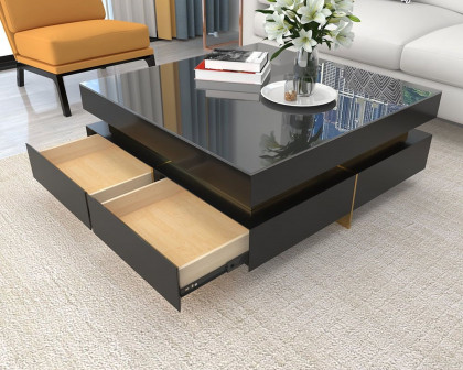 HMR Modern Square Coffee Table with Drawers - Black, Tempered Glass