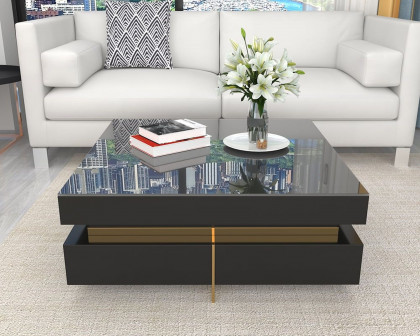 HMR Modern Square Coffee Table with Drawers - Black, Tempered Glass