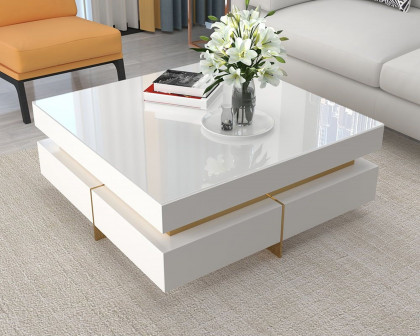 HMR Modern Square Coffee Table with Drawers - White, Tempered Glass