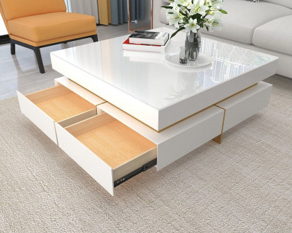 HMR Modern Square Coffee Table with Drawers - White, Tempered Glass