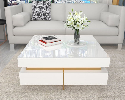 HMR Modern Square Coffee Table with Drawers - White, Tempered Glass