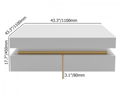 HMR Modern Square Coffee Table with Drawers - White, Tempered Glass