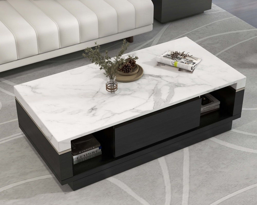 HMR - Marble Coffee Table with Storage and Drawers in Black and White