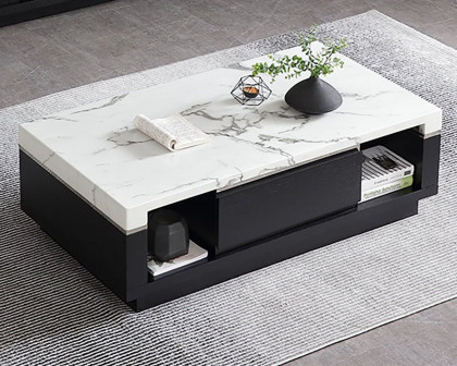 HMR - Marble Coffee Table with Storage and Drawers in Black and White