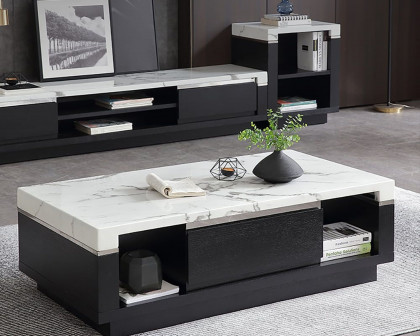 HMR - Marble Coffee Table with Storage and Drawers in Black and White