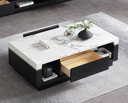 HMR - Marble Coffee Table with Storage and Drawers in Black and White