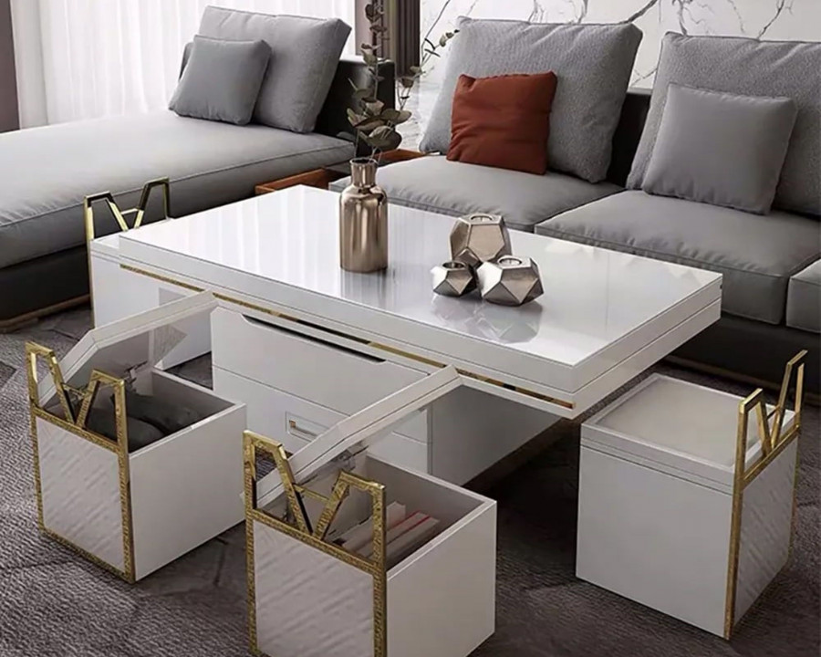 HMR - Modern Lift Top Coffee Table Set with Storage and Stools Extendable Accent Table in White