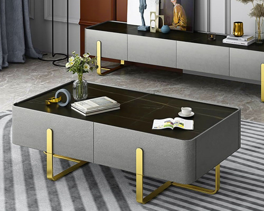 HMR - Storage Coffee Table with Sintered Stone Top and Stainless Steel in Black and Gold