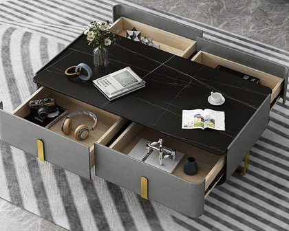 HMR - Storage Coffee Table with Sintered Stone Top and Stainless Steel in Black and Gold