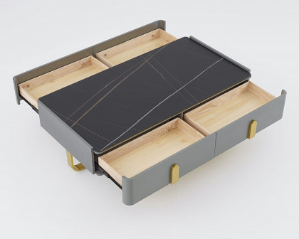 HMR - Storage Coffee Table with Sintered Stone Top and Stainless Steel in Black and Gold