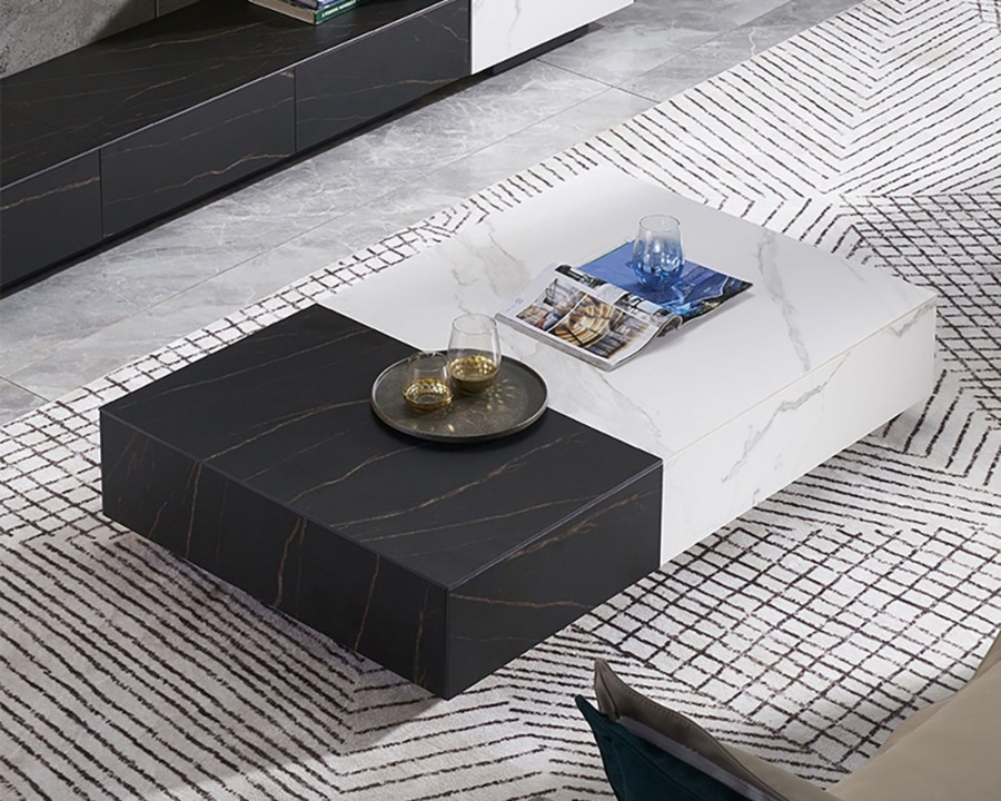 HMR - Coffee Table with Storage Rectangle Sintered Stone Top and Wood Drawers in Black and White