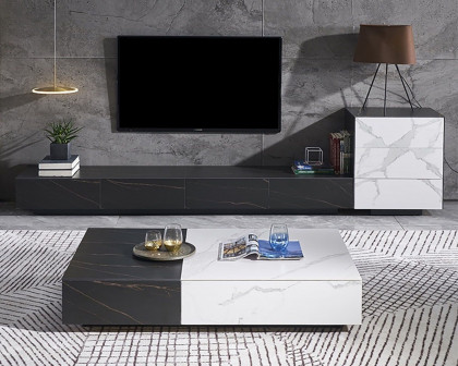 HMR - Coffee Table with Storage Rectangle Sintered Stone Top and Wood Drawers in Black and White