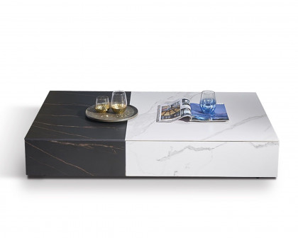 HMR - Coffee Table with Storage Rectangle Sintered Stone Top and Wood Drawers in Black and White