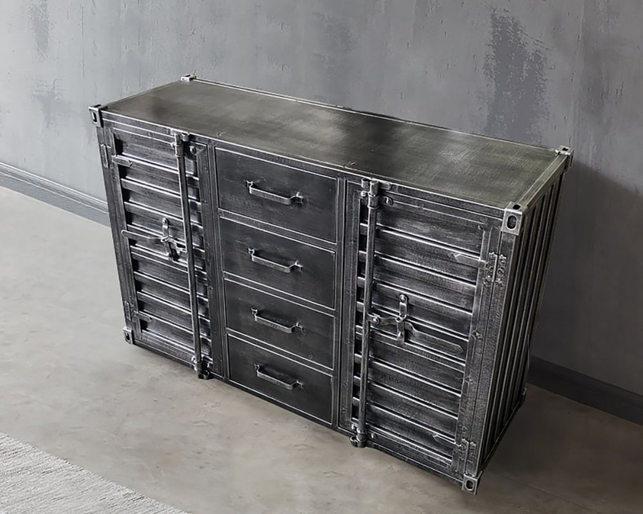 HMR Ctainer Cargo Industrial 39" Sideboards with Drawers and Doors Metal - Distressed Silver