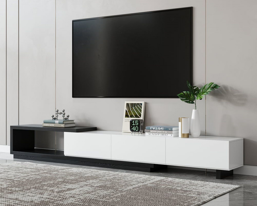 HMR Quoint Extendable TV Stand with 3 Drawers (71"-100") - White & Black, MDF