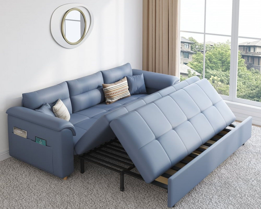 HMR Queen 2-Seater Sleeper Sofa - Blue, Leath-aire