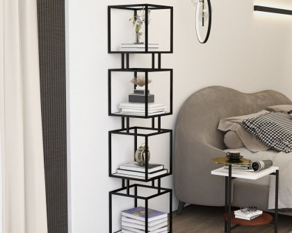 HMR Modern Cube 4-Tier Bookcase with Metal Tower Display - Black