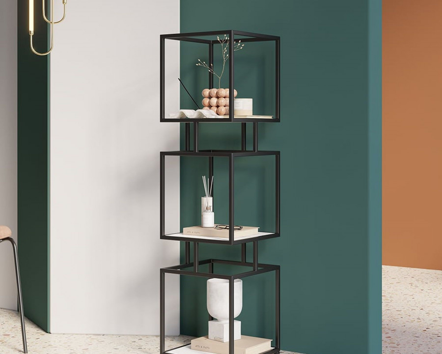 HMR Modern Cube 3-Tier Bookcase with Metal Tower Display - Black