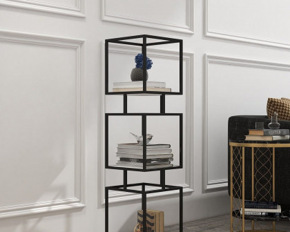 HMR Modern Cube 3-Tier Bookcase with Metal Tower Display - Black