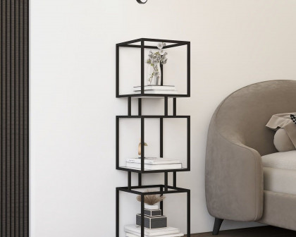 HMR Modern Cube 3-Tier Bookcase with Metal Tower Display - Black