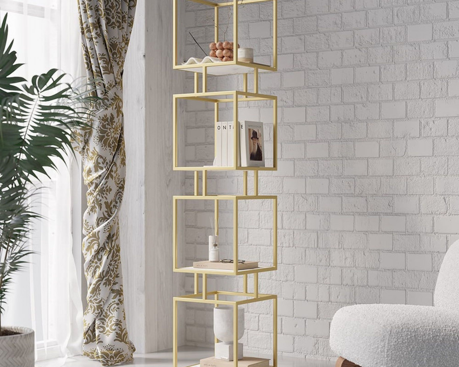 HMR Modern Cube 4-Tier Bookcase with Metal Tower Display - Gold