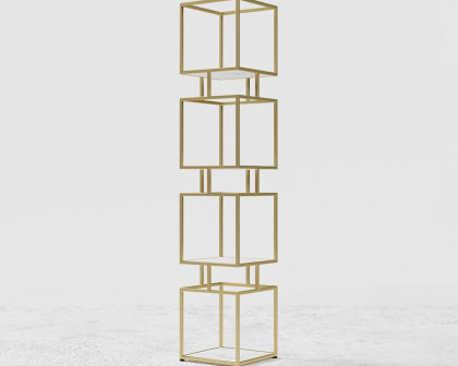 HMR Modern Cube 4-Tier Bookcase with Metal Tower Display - Gold