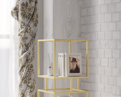 HMR Modern Cube 3-Tier Bookcase with Metal Tower Display - Gold