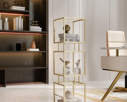 HMR Modern Cube 3-Tier Bookcase with Metal Tower Display - Gold