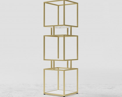 HMR Modern Cube 3-Tier Bookcase with Metal Tower Display - Gold