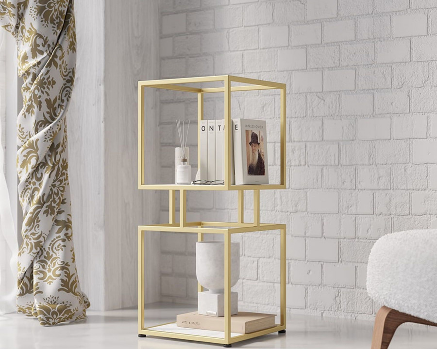 HMR Modern Cube 2-Tier Bookcase with Metal Tower Display - Gold