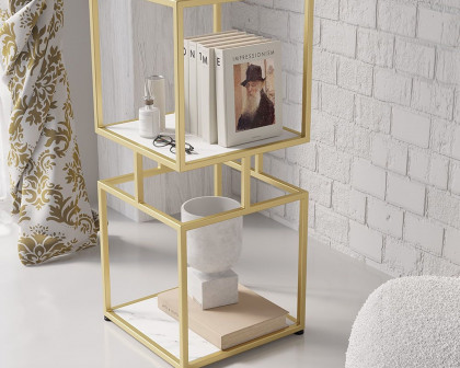 HMR Modern Cube 2-Tier Bookcase with Metal Tower Display - Gold