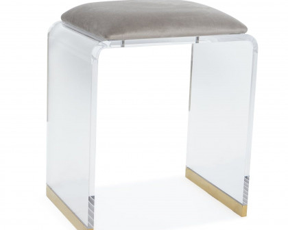 HMR Velvet Upholstered and Acrylic Frame Makeup Vanity Stool and Clear Ottoman - Gray, 16.1"W x 11.4"D x 19.7"H