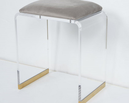 HMR Velvet Upholstered and Acrylic Frame Makeup Vanity Stool and Clear Ottoman - Gray, 16.1"W x 11.4"D x 19.7"H