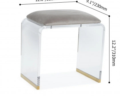 HMR Velvet Upholstered and Acrylic Frame Makeup Vanity Stool and Clear Ottoman - Gray, 12.6"W x 9.1"D x 12.2"H