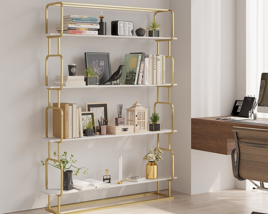 HMR Modern Freestanding 47" Etagere Bookcase - White/Gold