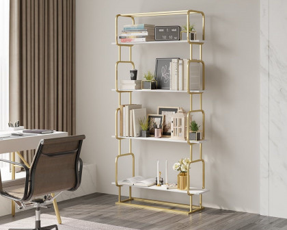 HMR Modern Freestanding 32" Etagere Bookshelf - White/Gold