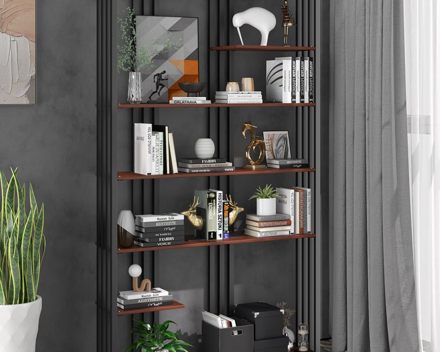 HMR Modern Etagere Bookshelf with 6-Shelf - Black/Walnut